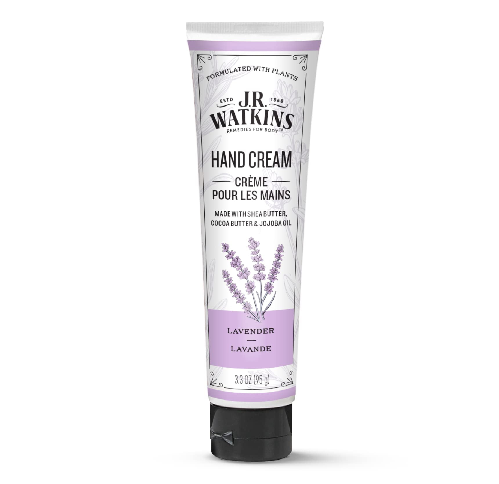J.R. Watkins Natural Moisturizing AIF9 Hand Cream, Hydrating Hand Moisturizer with Shea Butter, Cocoa Butter, and Avocado Oil, USA Made and Cruelty Free, 3.3oz, Lavender, Single