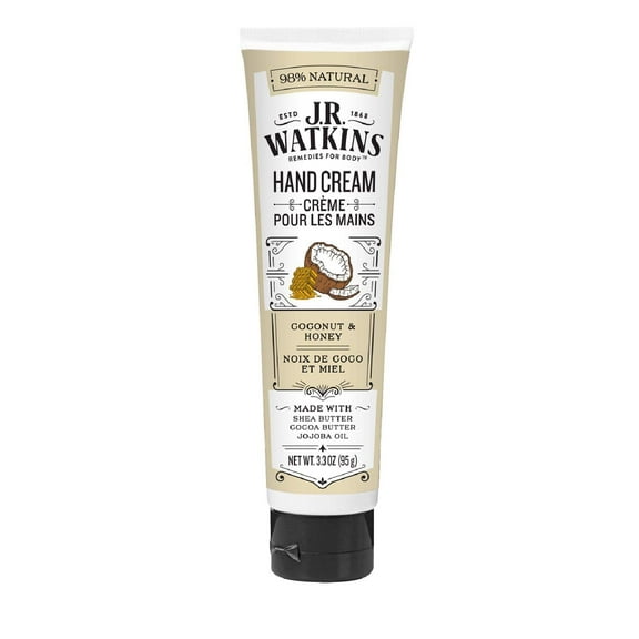 J.R. Watkins Natural Moisturizing Hand Cream, Coconut, Hydrating Hand Moisturizer with Shea Butter, Cocoa Butter, and Avocado Oil, USA Made and Cruelty Free, 3.3oz