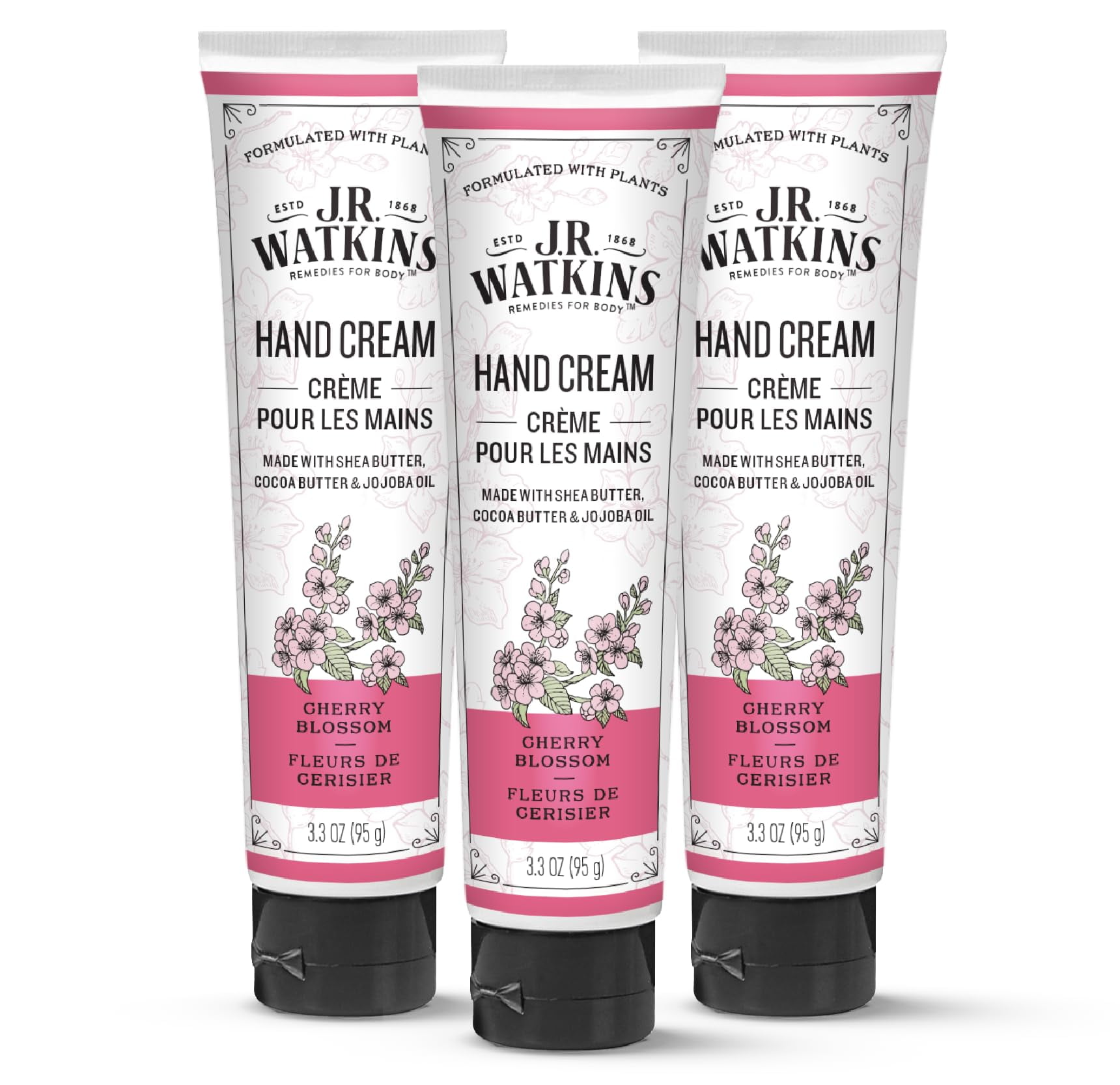 J.R. Watkins Natural Moisturizing Hand Cream, Hydrating Hand Moisturizer with Shea Butter, Cocoa Butter, and Avocado Oil, USA Made and Cruelty Free, 3.3oz, Cherry Blossom, 3 Pack