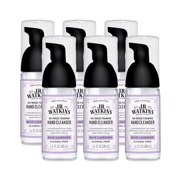 J.R. Watkins No-Rinse Foaming Hand Cleanser Hand Soap in Pump Dispenser Bathroom & Kitchen Foam Cleaner All Natural, Alcohol Free, Blue Lavender, 1.6 fl. Oz., 6 Pack