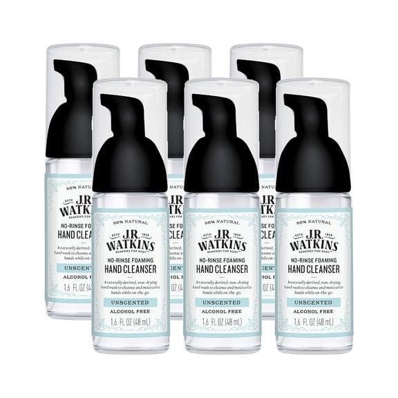 J.R. Watkins No-Rinse Foaming Hand Cleanser Hand Soap in Pump Dispenser Bathroom & Kitchen Foam Cleaner All Natural, Alcohol Free, Unscented, 1.6 fl. Oz, 6 Pack