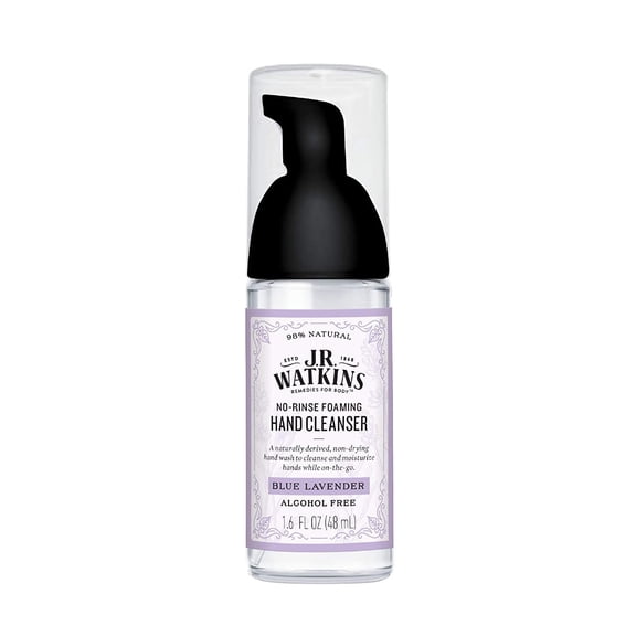 J.R. Watkins No-Rinse Foaming Hand Cleanser Hand Soap in Pump Dispenser Bathroom & Kitchen Foam Cleaner All Natural, Alcohol Free, Blue Lavender, 1.6 fl. Oz, Single