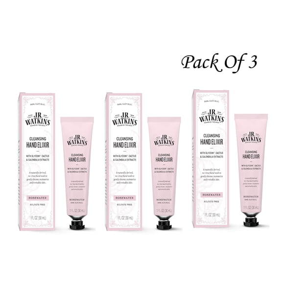 J.R. Watkins Rosewater Hand Elixir, No Rinse Waterless Cleansing Hand Wash, Convenient 1 oz (Pack Of 3)