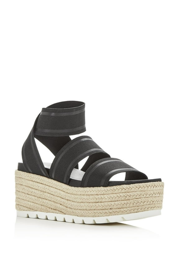 J SLIDES Womens Black Comfort 2" Platform Treaded Sole Ankle Strap Stretch Quartz Round Toe Wedge Slip On Espadrille Shoes 6 M