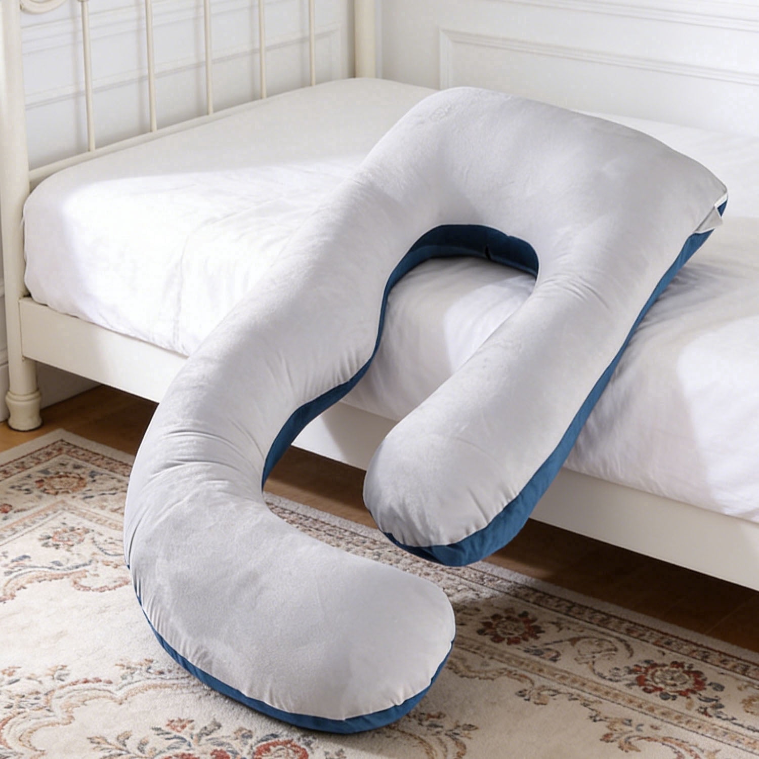 Supportive Ergonomic J-Shape Polyester Maternity Pillow for Multi-Position Sleeper, Blue-Gray