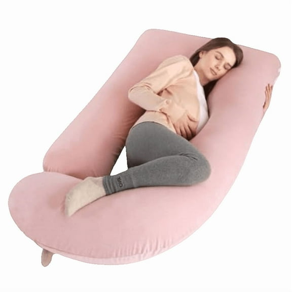 J-Shape Full Body Pillow for Adult 1 Count, Ergonomic Maternity Pillow for Back & Belly Support, Must-Have for Pregnant Women Sleeping, Soft Polyester Fill with Machine-Washable Pink Cover