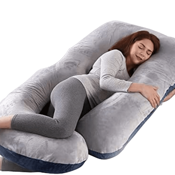 J-Shape Full Body Pillow for Adult  1 Count, Ergonomic Maternity Pillow for Back & Belly Support, Must-Have for Pregnant Women Sleeping, Soft Polyester Fill with Machine-Washable Blue-Gray Cover