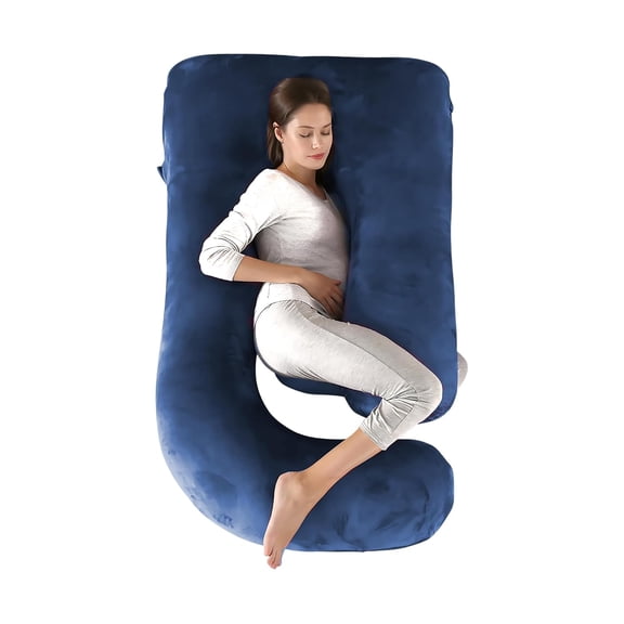 J Shape Full Body Pillow, Pregnancy Pillows For Sleeping, Dark Blue Color | Maternity Pillows For Back, Hips, Legs, Belly | For Pregnant Women With Removable, Washable Blue Velvet Cover