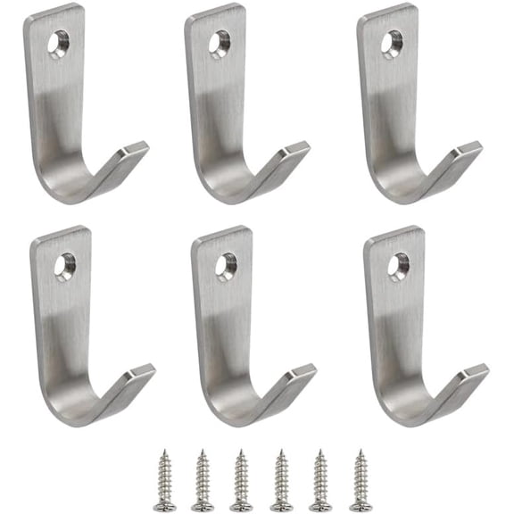 J-Shaped Clothes Hook Wall Mounted Hooks Stainless Steel Coat Hooks Single Hole Wall Mount Hooks Hanger for Hanging Coat Clothes Hat Bag Purse Towel with Screws, Silver, 6Pcs
