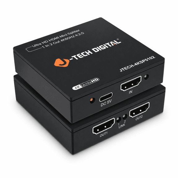 J-Tech Digital 4K 60Hz HDMI Splitter 1 In 2 Out, 1x2 4K 60Hz HDMI Splitter for Dual Monitors, Supports EDID Copy 10.2Gbps USB-C Power [JTECH-4KSP0102]