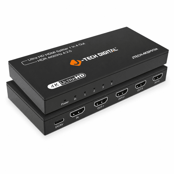 J-Tech Digital 4K 60Hz HDMI Splitter 1 In 4 Out, 1x4 4K 60Hz HDMI Splitter for Multiple Displays, Supports EDID Copy 10.2Gbps USB-C Power [JTECH-4KSP0104]