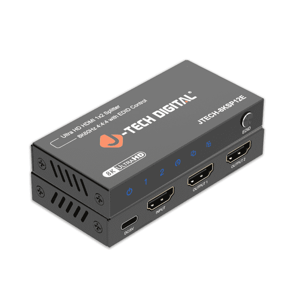 J-Tech Digital 8K HDMI 2.1 Splitter 1 In 2 Out, HDMI 1x2 Splitter 8K@60Hz 4K@120Hz 1080P@240Hz, Duplicate/Mirror Screen 3 EDID Modes with Downscaling [JTECH-8KSP12E]