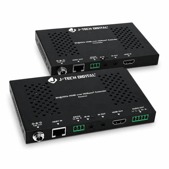 J-Tech Digital 8K HDMI Extender over HDBaseT, 8K@30Hz 4:4:4, 4K@120Hz, HDR10, HDCP 2.3, IR & RS232, PoC, up to 131ft/40m over Cat6a/7 [JTECH-EX8K30-35M]