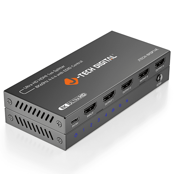 J-Tech Digital 8K HDMI Splitter 1 In 4 Out, HDMI 2.1 1x4 Splitter 8K@60Hz 4K@120Hz 1080P@240Hz, Duplicate/Mirror Screen 3 EDID Modes with Downscaling HDCP 2.3 [JTECH-8KSP14E]