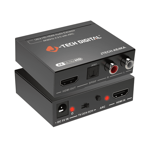 J-Tech Digital HDMI Audio Extractor 4K 60Hz HDMI to RCA Optical, HDMI ARC Audio Extractor Compatible with Dolby Digital DTS Stereo for Laptop Blu-Ray Gaming Consoles (JTECH-AE4KA)