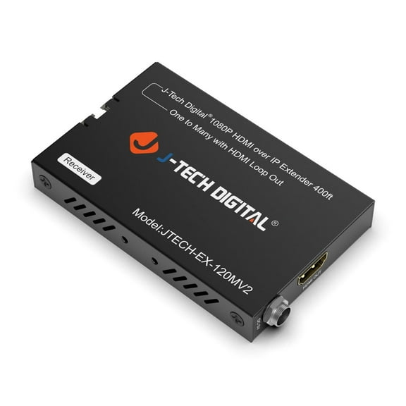 J-Tech Digital HDMI Extender over Single Cat5e/6/7 1080P 60Hz Up to 400ft, Supports AV over IP HDMI Extender HDMI Loop Out IR Control  Receiver Only (JTECH-EX-120MV2R)