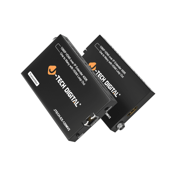 J-Tech Digital HDMI Extender over Single Cat5e/6/7 1080P 60Hz Up to 400ft, AV over IP HDMI Extender HDMI Loop Out IR Control (JTECH-EX-120MV2)