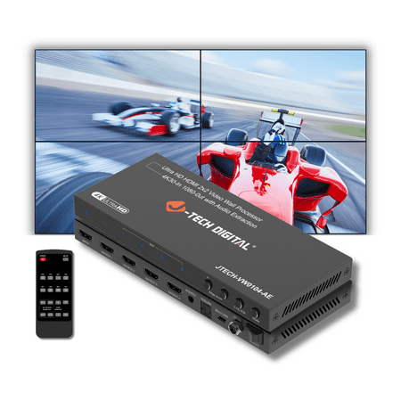 J-Tech Digital HDMI Video Wall Controller 4K 2x2, Video Wall Processor with Audio Extraction, 8 Display Modes 180° Image Rotation Edge Masking [JTECH-VW0104-AE]