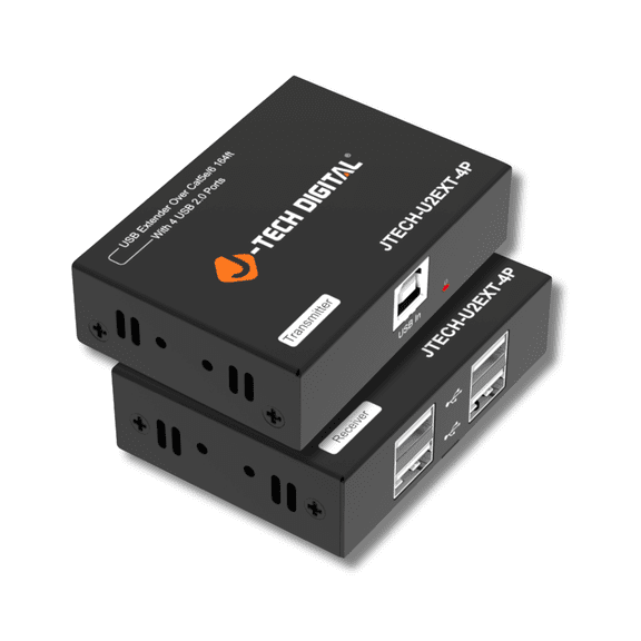 J-Tech Digital USB 2.0 Extender Over Single Cat5e/6 Ethernet 164ft, 4-Port USB 2.0 Hub for Webcam Keyboard Mouse Printer, Plug and Play for Windows MacOS Linux [JTECH-U2EXT-4P]