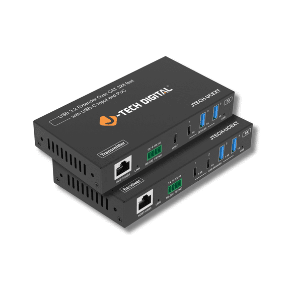 J-Tech Digital USB 3.2 Extender Over CAT6A Ethernet Cable 328ft, Features USB-C Input USB-C and USB-A Outputs, Bi-directional PoC, Works with Webcams PTZ Cameras Mice Keyboards Printers [JTECH-UCEXT]
