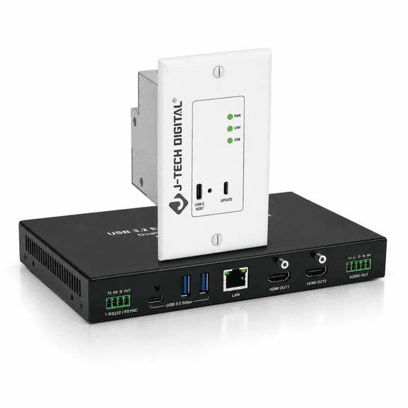 J-Tech Digital USB 3.2 Extender Over Ethernet HDBaseT Cat6A Wallplate Extender Kit Up to 330ft, USB-C Host, Dual 4K@60Hz HDMI Outputs, KVM, DisplayLink, RS232 & FSYNC Pass-Through [JTECH-U3EXW-DKIT]