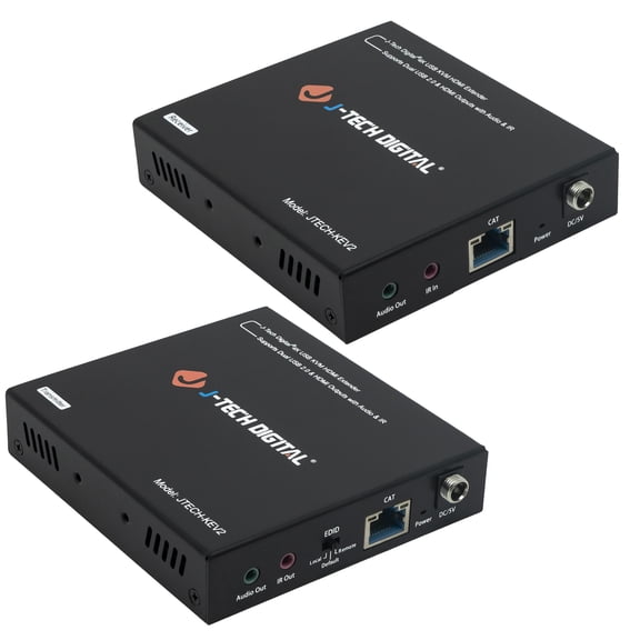 J-Tech Digital USB KVM and 4K HDMI Extender over Cat6/6a/7 Ethernet | 328 FT, Dual Monitor HDMI/HDCP 1.4, 2 x USB 2.0, Near Zero Latency Audio Extraction [JTECH-KVE2]