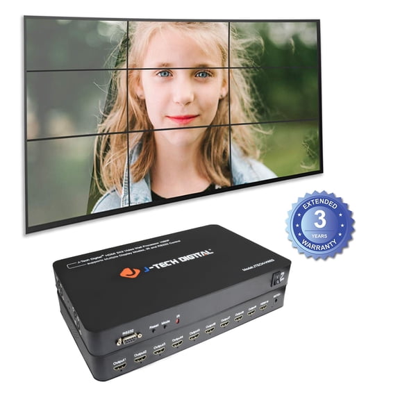 J-Tech Digital Video Wall Controller 3X3 1080P 9 HDMI Outputs with 13+ Display Mode Combinations, IR and RS232 Control [JTECH-VW03]