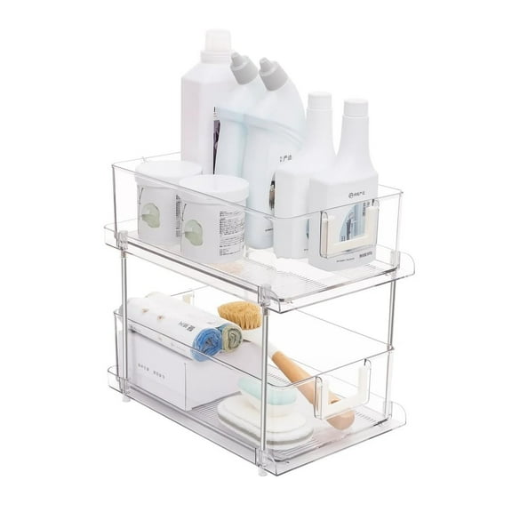 J&V TEXTILES 2 Tier Clear Organizer with Dividers for Cabinet/Counter, MultiUse Slide-Out Storage Container - Kitchen, Pantry, Medicine Storage Bins, Bathroom, Vanity Makeup, Under Sink Organizing