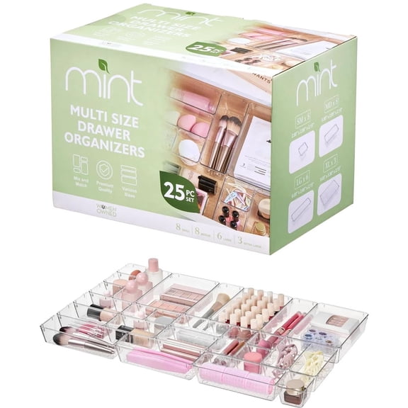 J&V TEXTILES 25 PCS Clear Plastic Drawer Organizers Set, 4 Sizes Clear Drawer Organizers & storage Bins for Makeup/Jewelry Vanity, Kitchen Gadgets Or Office Desk. Bathroom Drawer Organizer Trays