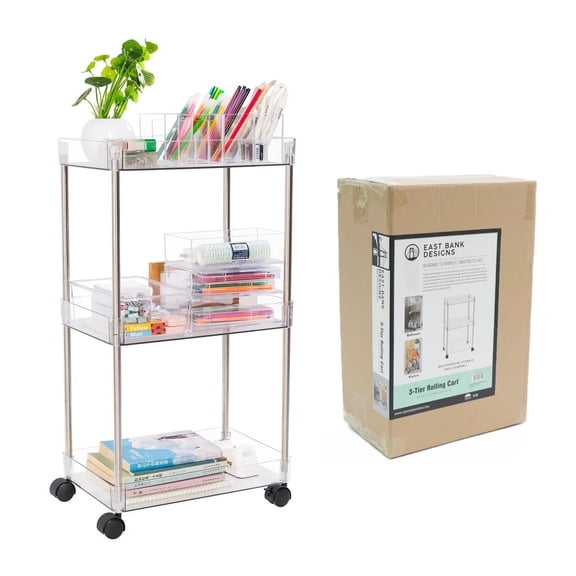 J&V TEXTILES 3 Tier Acrylic Rolling Cart with Wheels, Utility Storage Cart with Handle and Lockable Casters, Storage Basket Organizer Shelves, Easy Assemble for Kitchen, Living Room Standard
