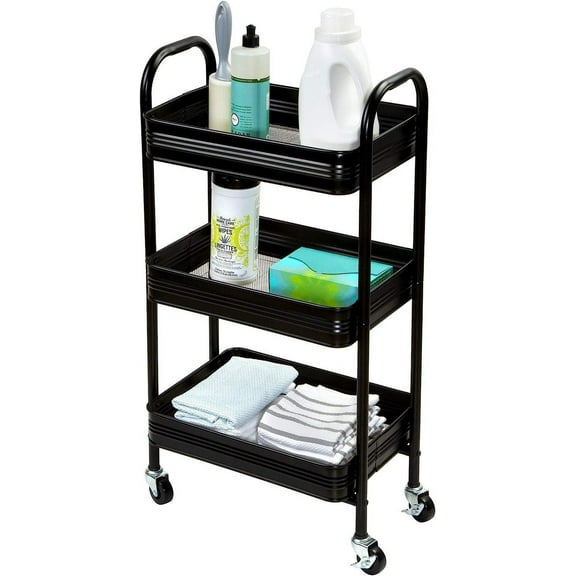 J&V TEXTILES 3-Tier Plastic Rolling Utility Cart with Handle, Multi-Functional Storage Trolley for Office, Living Room, Kitchen, Movable Storage Organizer with Wheels Black