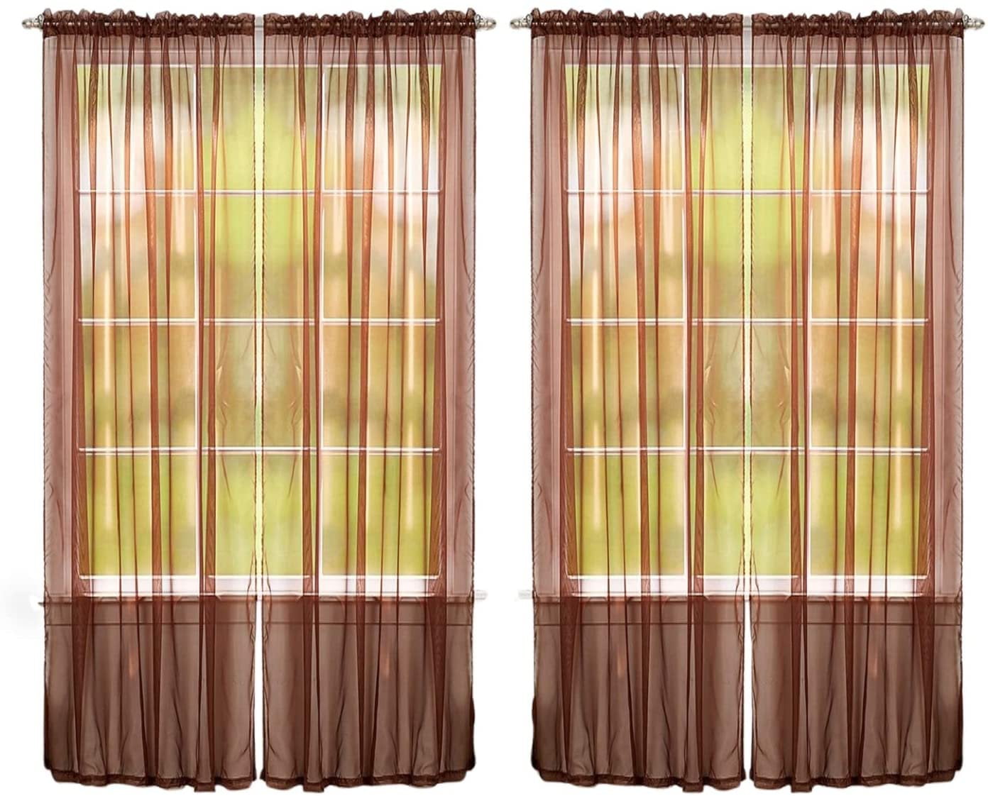 J&V TEXTILES 4-Pieces Sheer Solid Sheer Window Curtains 84 - Window Treatment Rod Pocket Voile Drape/Panel Sets for Patio Door Coffee