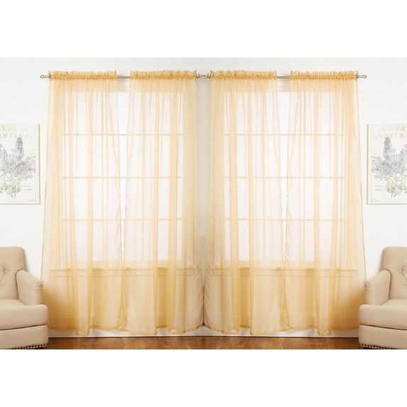 J&V TEXTILES 4-Pieces Sheer Solid Sheer Window Curtains 84 - Window Treatment Rod Pocket Voile Drape/Panel Sets for Patio Door GOLD