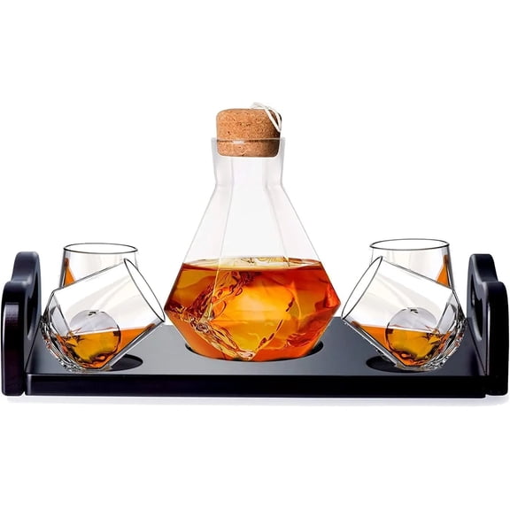 J&V TEXTILES 6-Piece Italian Crafted Glass Decanter & Whisky Glasses Set, Elegant Whiskey Decanter with Ornate Stopper Wooden Base and 4 Exquisite Cocktail Glasses