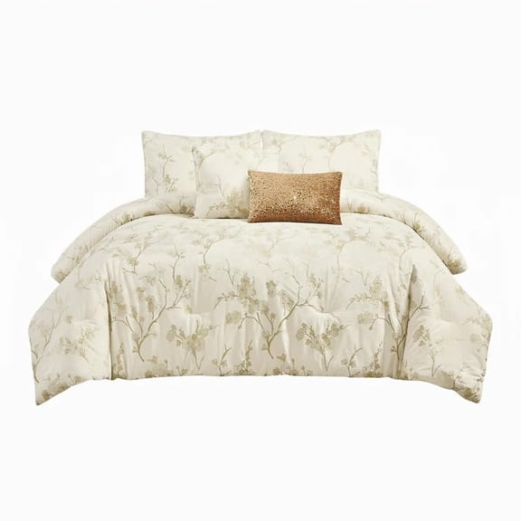 J&V TEXTILES Botanical Floral 5-Piece Comforter Set, Farmhouse Bed in a Bag with Comforter, Pillow Shams, Decorative Pillows for All Seasons Ivory, Queen