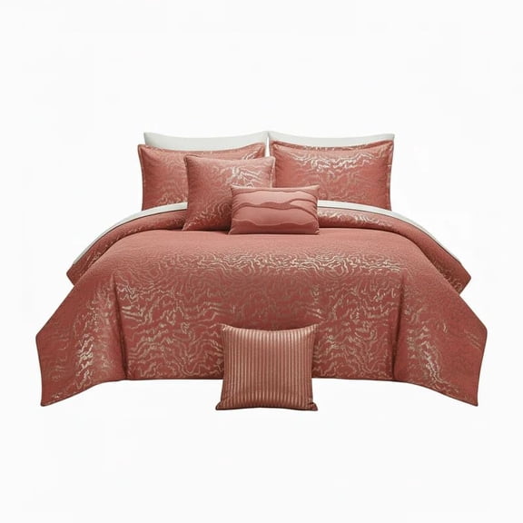 J&V TEXTILES Botanical Line 5-Piece Comforter Set, Pintuck Bedding with Abstract Wave Design Terracotta, Queen