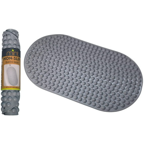 J&V TEXTILES Bubble Bath Mat 15 x 27 Inch, Extra Long Coverage, Oval Shape, Machine Washable Gray
