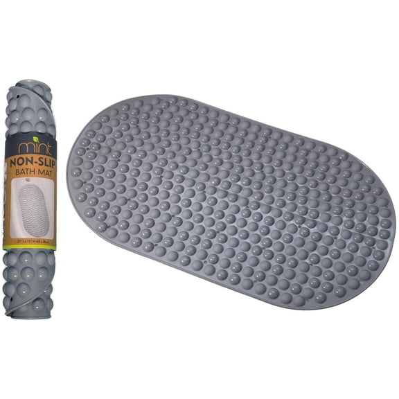 J&V TEXTILES Bubble Bath Mat 15 x 27 Inch, Extra Long Coverage, Oval Shape, Machine Washable Gray
