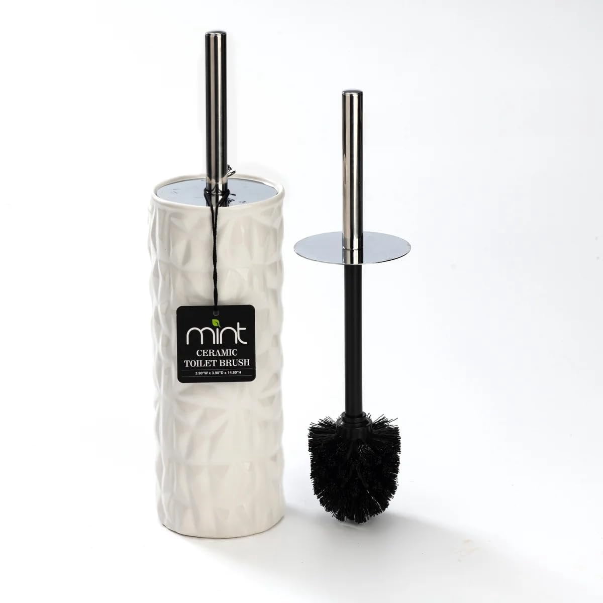J&V TEXTILES Ceramic Toilet Brush, Toilet Bowl Brush with Extra Long Handle Durable Bristles Toilet Scrubber and Covered Holder for Toilet Brush Set for Bathroom Cleaning Chrome/White