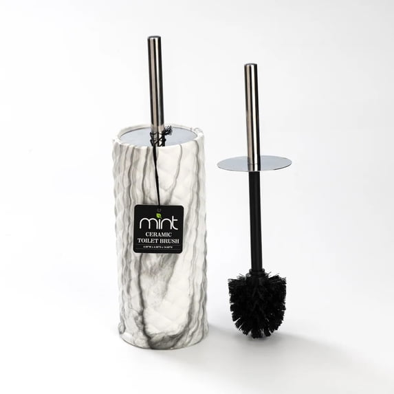 J&V TEXTILES Ceramic Toilet Brush, Toilet Bowl Brush with Extra Long Handle Durable Bristles Toilet Scrubber and Covered Holder for Toilet Brush Set for Bathroom Cleaning Chrome/Marble