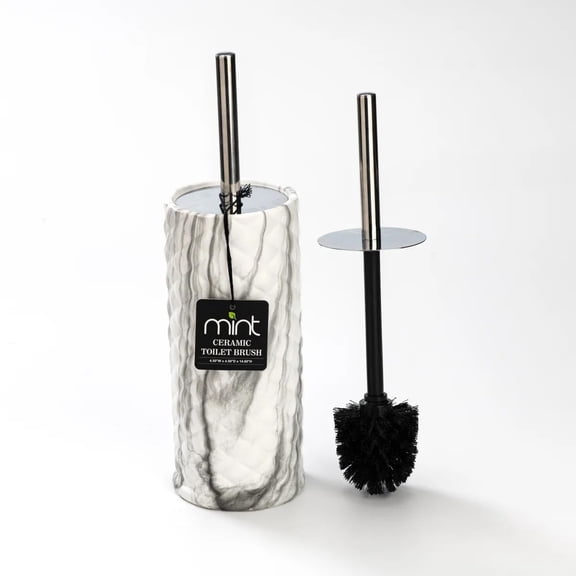 J&V TEXTILES Ceramic Toilet Brush, Toilet Bowl Brush with Extra Long Handle Durable Bristles Toilet Scrubber and Covered Holder for Toilet Brush Set for Bathroom Cleaning Chrome/Marble