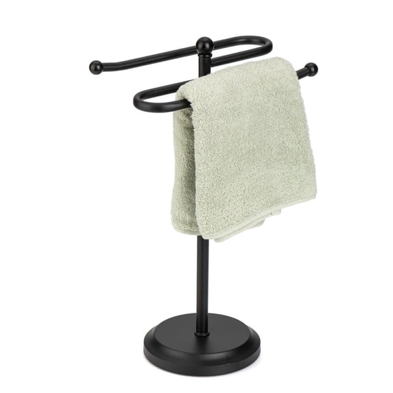 J&V TEXTILES Classical Steel Towel Rack Holder Stand with 2 Hanging Rings for Bathroom Vanity Countertops - Space Saving Hand Towel Holder Matte Black