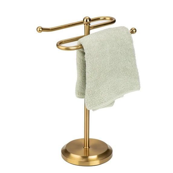 J&V TEXTILES Classical Steel Towel Rack Holder Stand with 2 Hanging Rings for Bathroom Vanity Countertops - Space Saving Hand Towel Holder Aged Brass