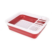J&V TEXTILES Collapsible Dish Drying Rack - Popup for Easy Storage, Drain Water Directly into The Sink, Room for Eight Large Plates, Sectional Cutlery and Utensil Compartment, Compact Red