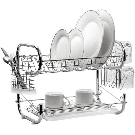 J&V TEXTILES Dish Drying Rack, Stainless Steel 2-Tier Dish Rack with Utensil Holder, Cutting Board Holder and Dish Drainer for Kitchen Counter 18-Inch