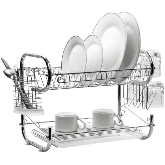 J&V TEXTILES Dish Drying Rack, Stainless Steel 2-Tier Dish Rack with Utensil Holder, Cutting Board Holder and Dish Drainer for Kitchen Counter 18-Inch