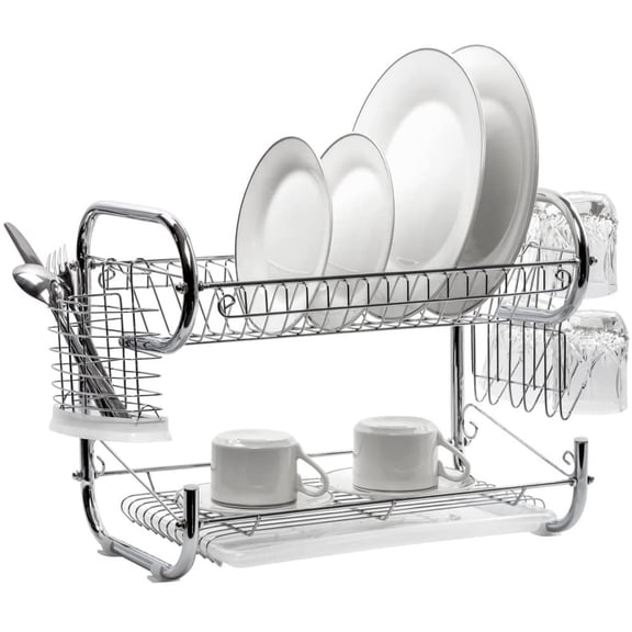 J&V TEXTILES Dish Drying Rack, Stainless Steel 2-Tier Dish Rack with Utensil Holder, Cutting Board Holder and Dish Drainer for Kitchen Counter 18-Inch