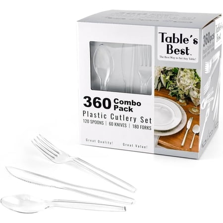 J&V TEXTILES Disposable Cutlery set, Clear Color, 360 Pieces: 180 Forks, 120 Spoons, 60 Knives