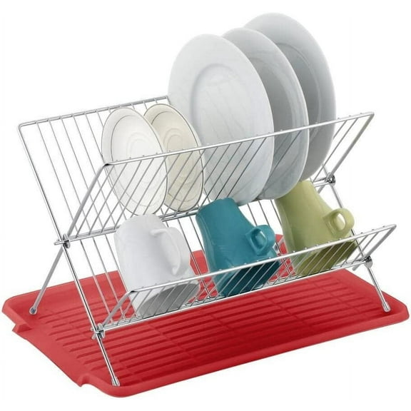 J&V TEXTILES Foldable Dish Drying Rack with Drainboard, Stainless Steel 2 Tier Dish Drainer Rack, Collapsible Dish Drainer, Folding Dish Rack for Kitchen Sink, Countertop, Cutlery, Plates Red