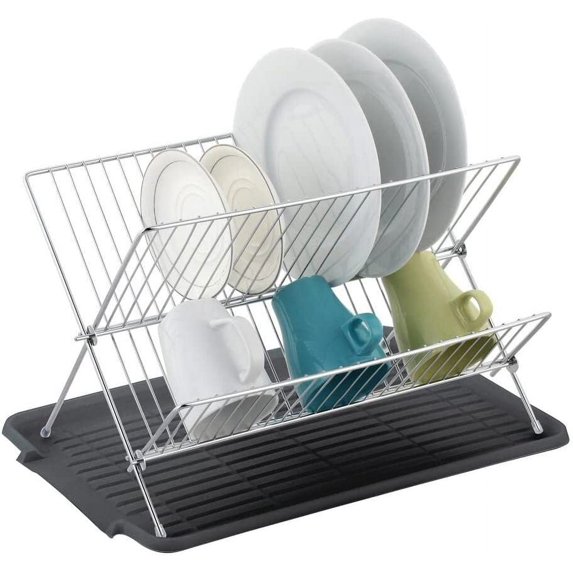 J&V TEXTILES Foldable Dish Drying Rack with Drainboard, Stainless Steel 2 Tier Dish Drainer Rack, Collapsible Dish Drainer, Folding Dish Rack for Kitchen Sink, Countertop, Cutlery, Plates Black